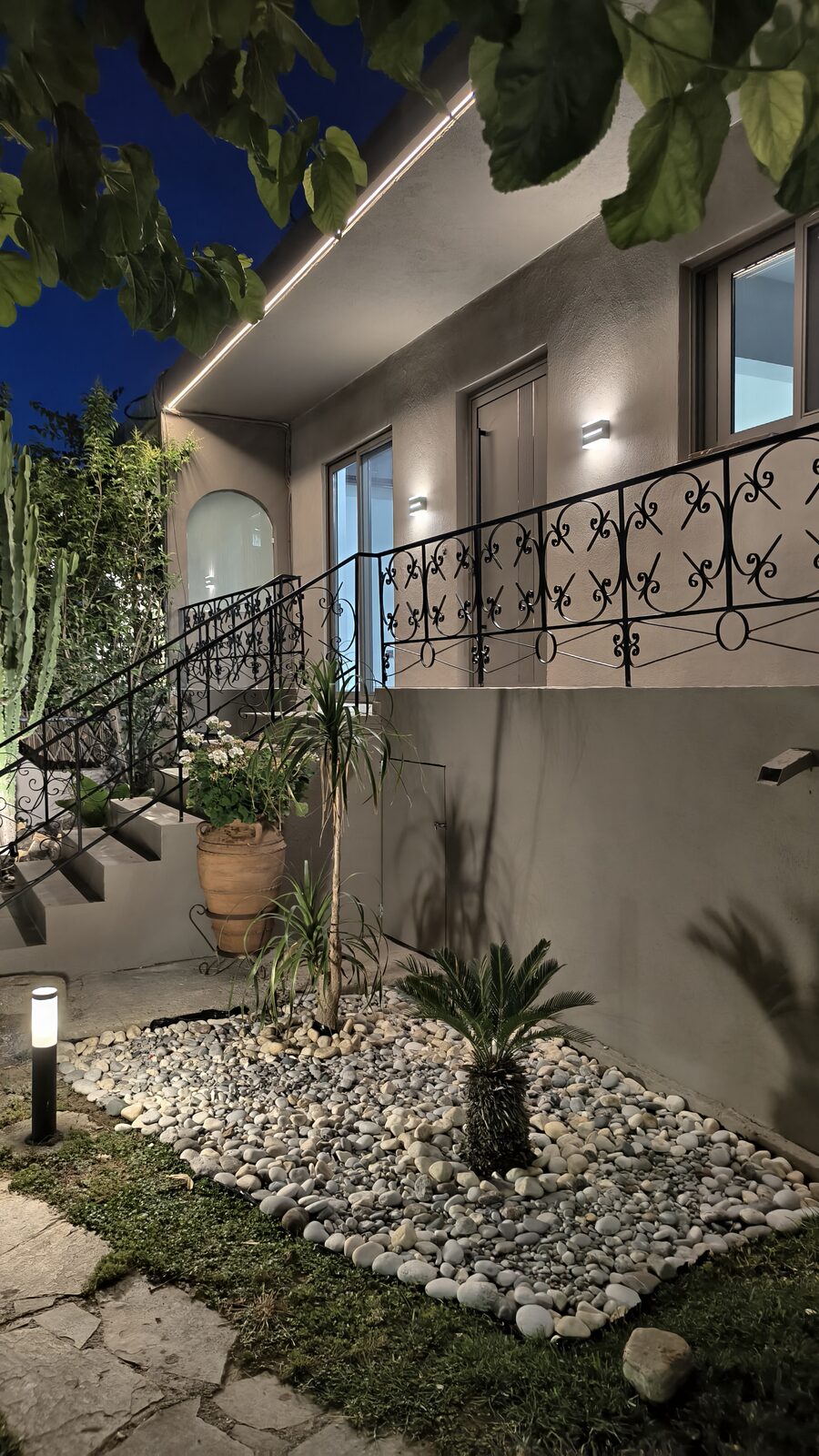 Evening view of the private garden at Casa Avgeri, Afandou Rhodes
